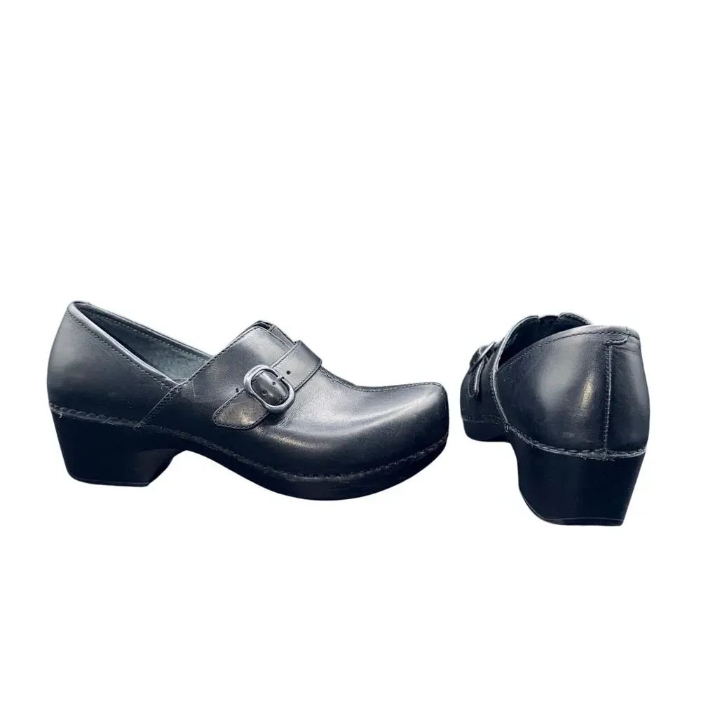Dansko Women’s 38 Black Leather Buckle Clogs Heeled Comfort Shoes US 7.5-8